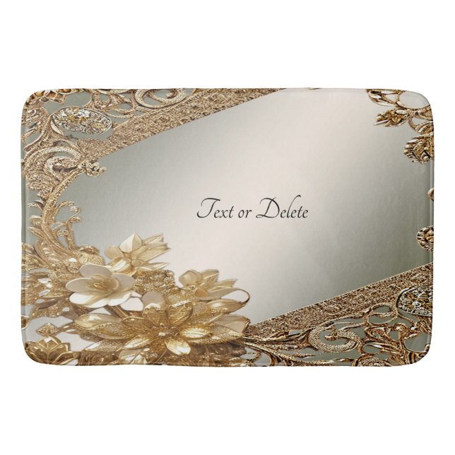 Modern Gold Ornate Floral Bath Mat (Front)