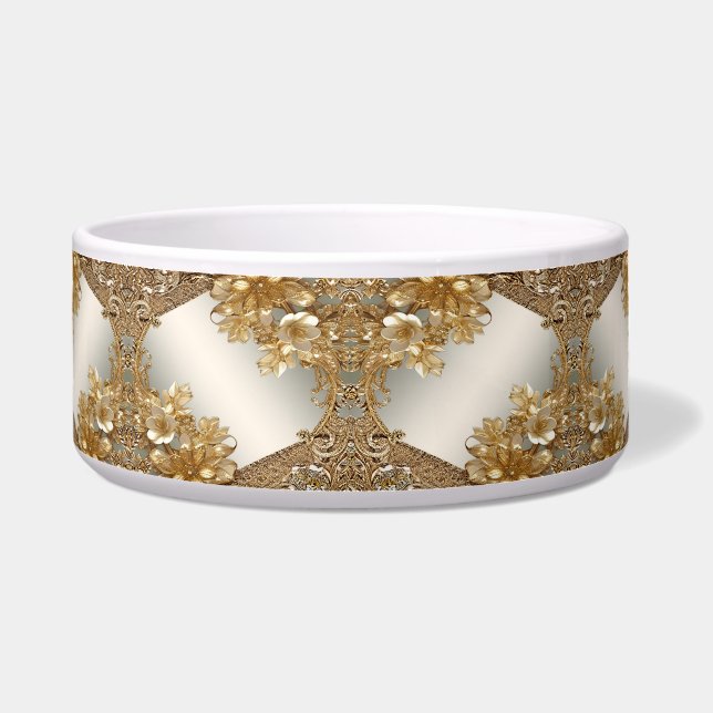 Modern Gold Ornate Floral Ceramic Pet Bowl (Front)