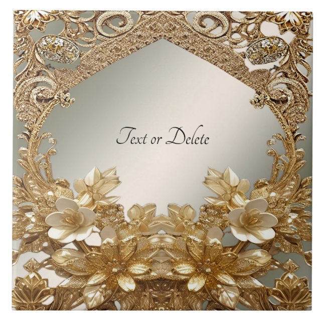 Modern Gold Ornate Floral Ceramic Tile (Front)