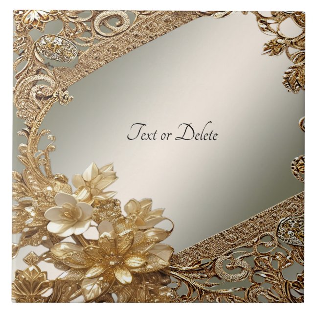 Modern Gold Ornate Floral Ceramic Tile (Front)