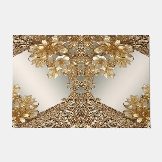 Modern Gold Ornate Floral Doormat (Front)