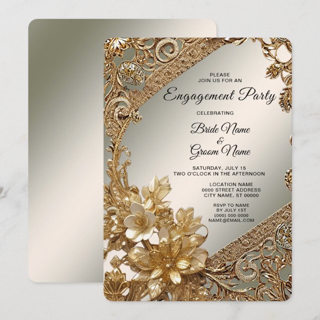 Modern Gold Ornate Floral Engagement Invitation (Front/Back)