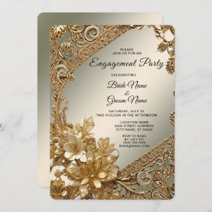 Modern Gold Ornate Floral Engagement Invitation