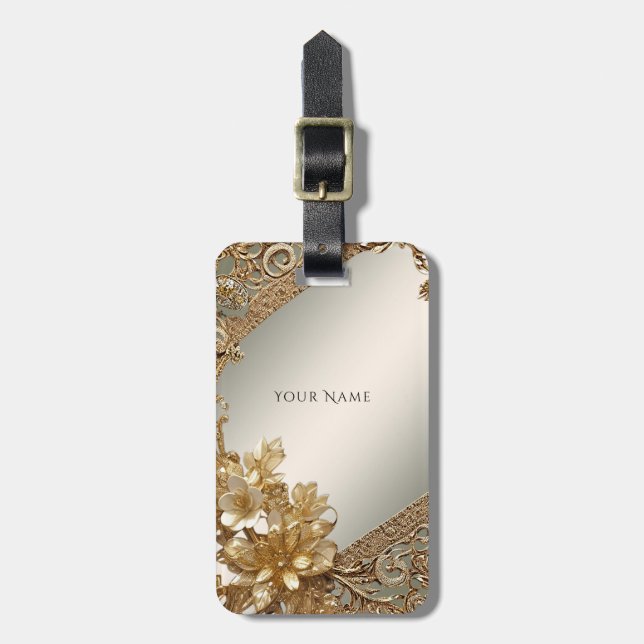 Modern Gold Ornate Floral Luggage Tag (Front Vertical)