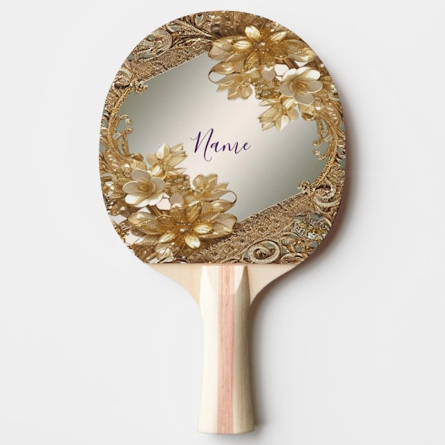Modern Gold Ornate Floral Ping Pong Paddle (Front)