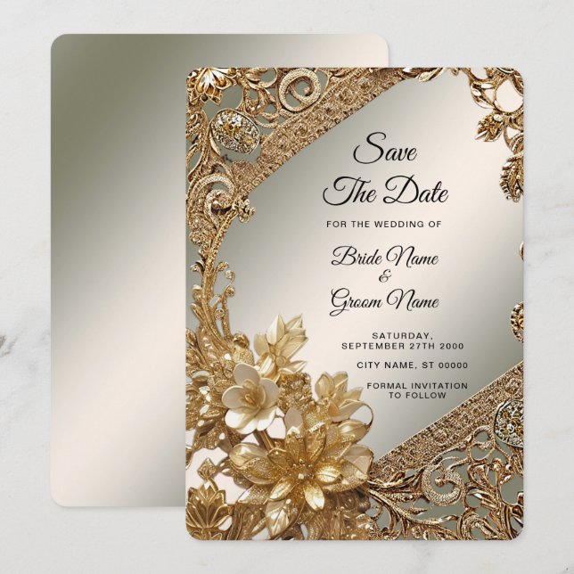 Modern Gold Ornate Floral Save The Date (Front/Back)