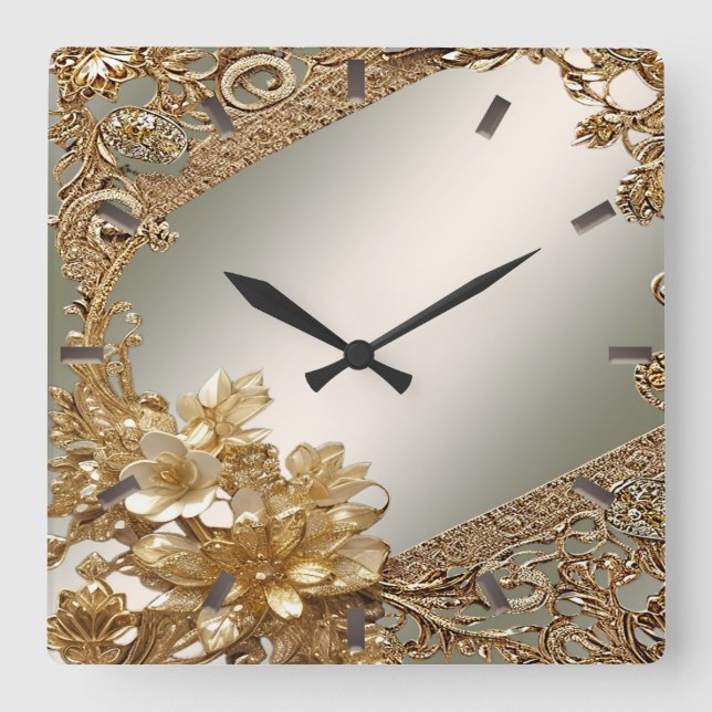 Modern Gold Ornate Floral Wall Clock (Front)