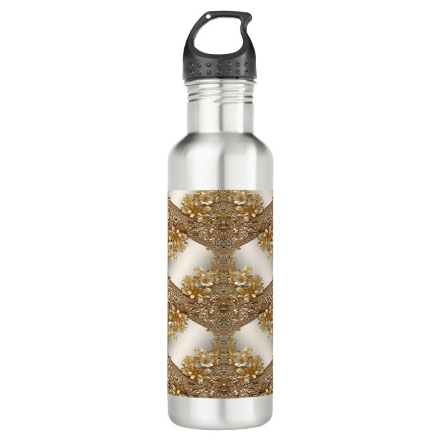 Modern Gold Ornate Floral Water Bottle (Front)