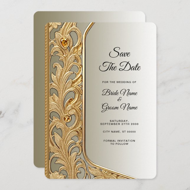 Modern Gold Ornate Save The Date (Front/Back)