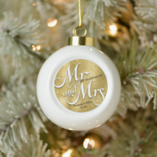 Modern gold our first Christmas Newlywed photo Ceramic Ball Christmas Ornament