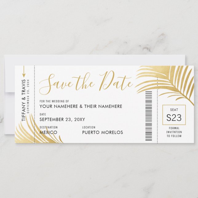 Modern Gold Palm Leaf Boarding Pass Save the Date Announcement (Front)