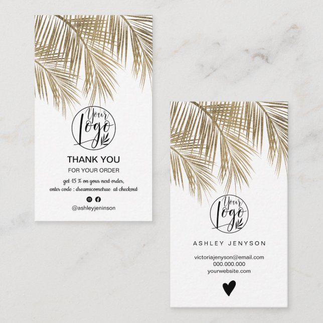 Modern gold palm leaf cool logo order thank you business card (Front/Back)