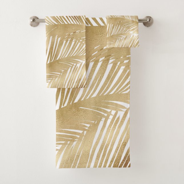 Modern Gold Palm Leaf Tropical Pattern Bath Towel Set (Insitu)
