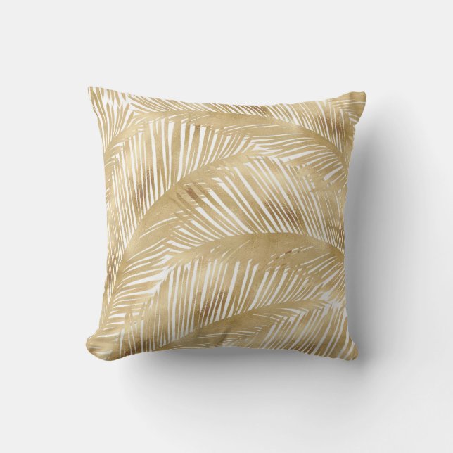 Modern Gold Palm Leaf Tropical Pattern Cushion (Front)