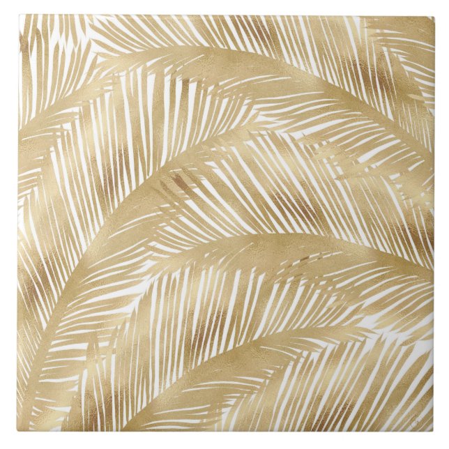 Modern Gold Palm Leaf Tropical Pattern Tile (Front)