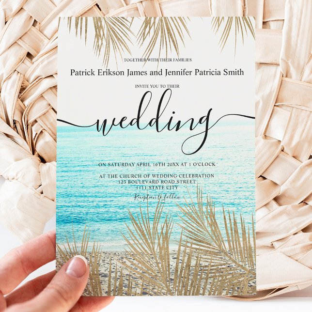 Modern gold palm tree  beach script wedding invitation (Creator Uploaded)