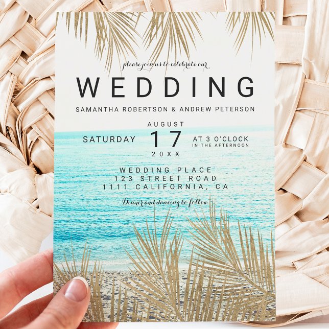 Modern gold palm tree elegant beach photo wedding invitation (Creator Uploaded)