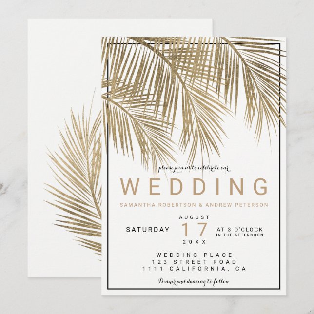 Modern gold palm tree elegant border wedding invitation (Front/Back)