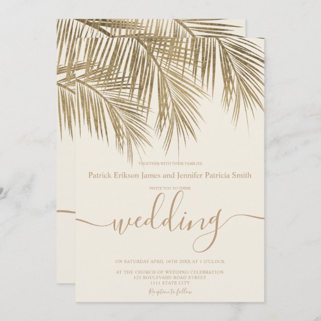 Modern gold palm tree script ivory wedding invitation (Front/Back)