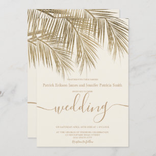 Modern gold palm tree script ivory wedding invitation
