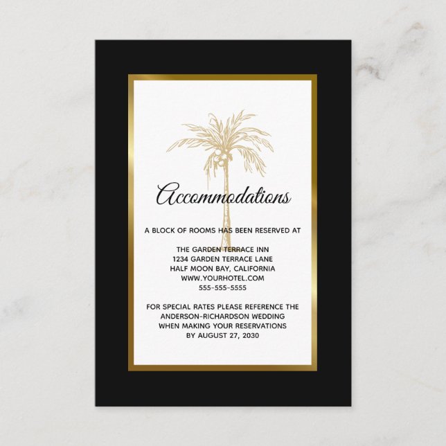 Modern Gold Palm Tree Wedding Accommodation Enclosure Card (Front)