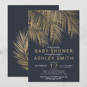 Modern gold palm treenavy blue baby shower invitation