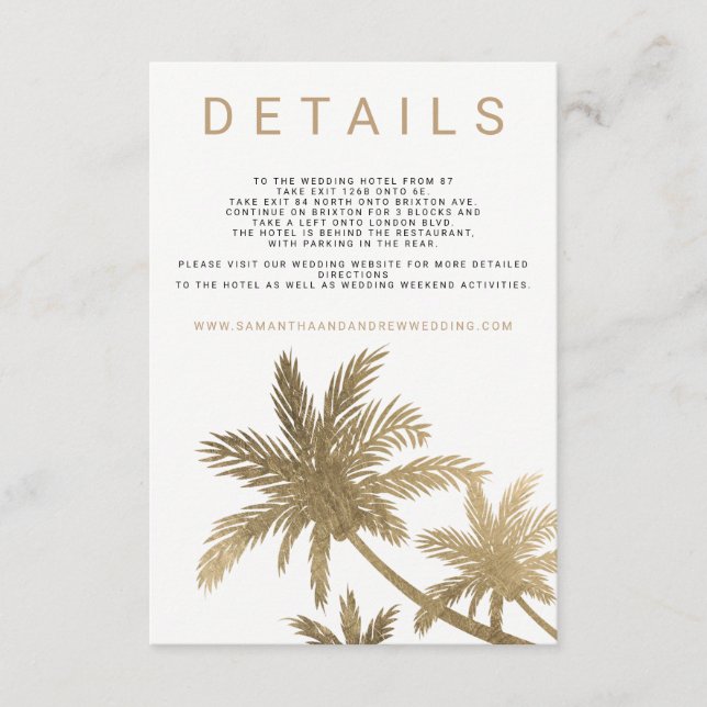 Modern gold palm trees elegant wedding details enclosure card (Front)