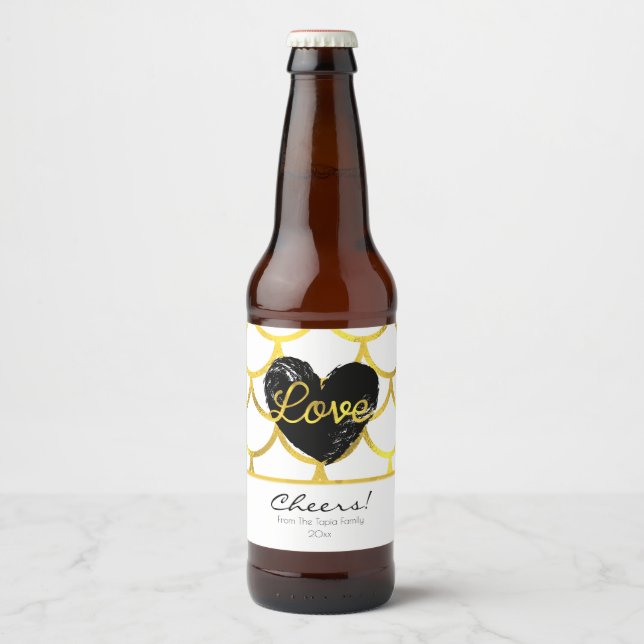 Modern Gold Pattern with a Heart Beer Bottle Label (Front)