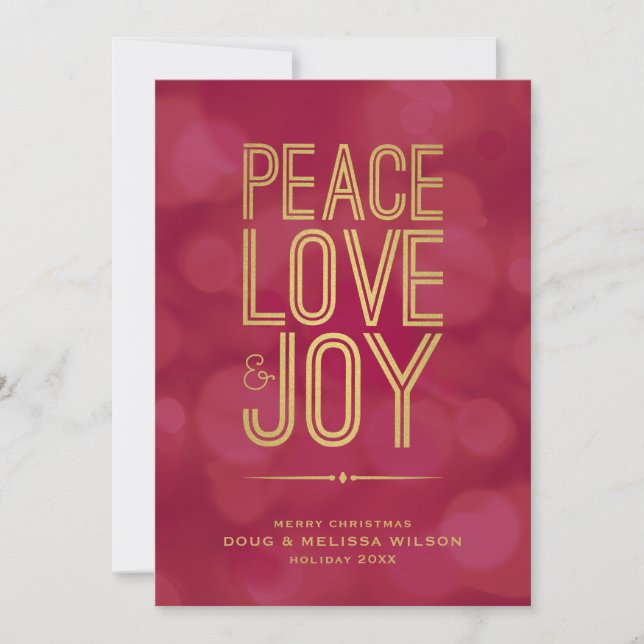 Modern Gold Peace Love & Joy No-Photo Holiday Card (Front)