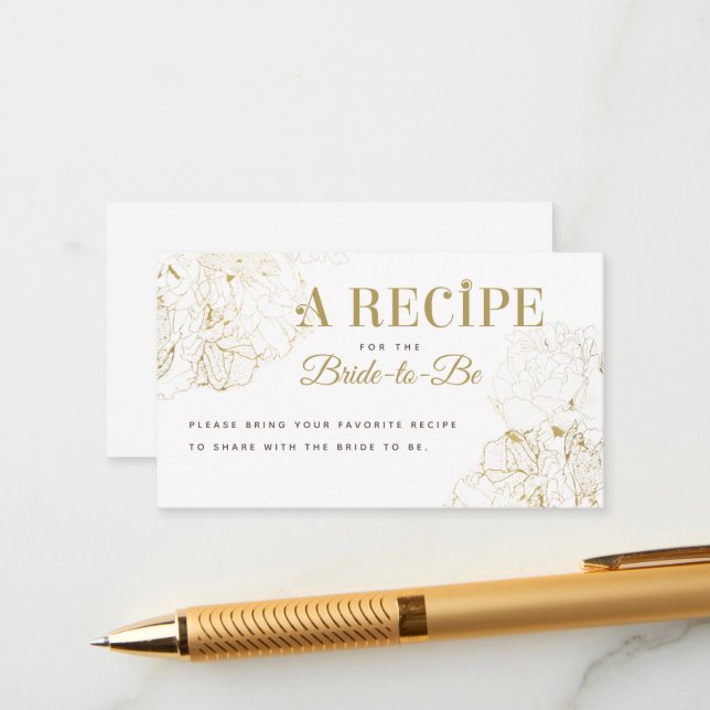 Modern Gold Peonies Sketch Bridal Shower Recipe Enclosure Card (Front/Back In Situ)