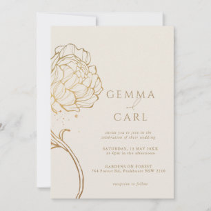 Modern gold peony line art wedding invitation