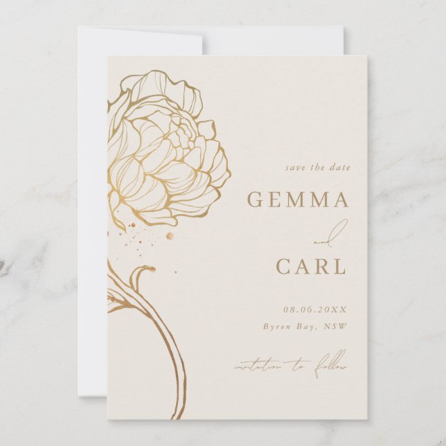 Modern Gold peony line art wedding invitation (Front)
