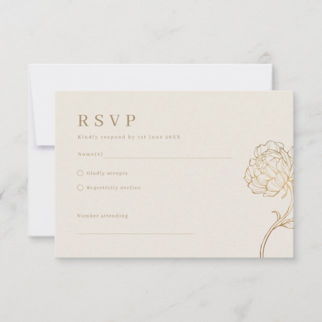 Modern gold peony line art wedding invitation (Front)
