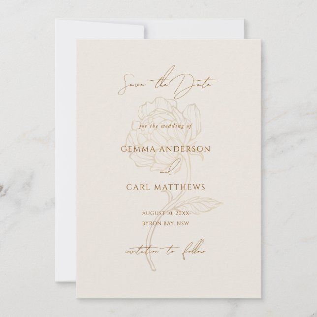 Modern gold peony line art wedding invitation (Front)