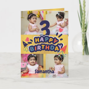 Modern Gold Photo Name Happy 3rd Birthday Card