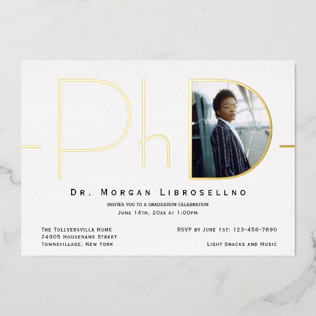 Modern Gold Photo PhD Graduation Foil Invitation (Front)