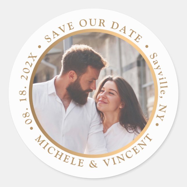 Modern Gold Photo Save The Date Classic Round Sticker (Front)