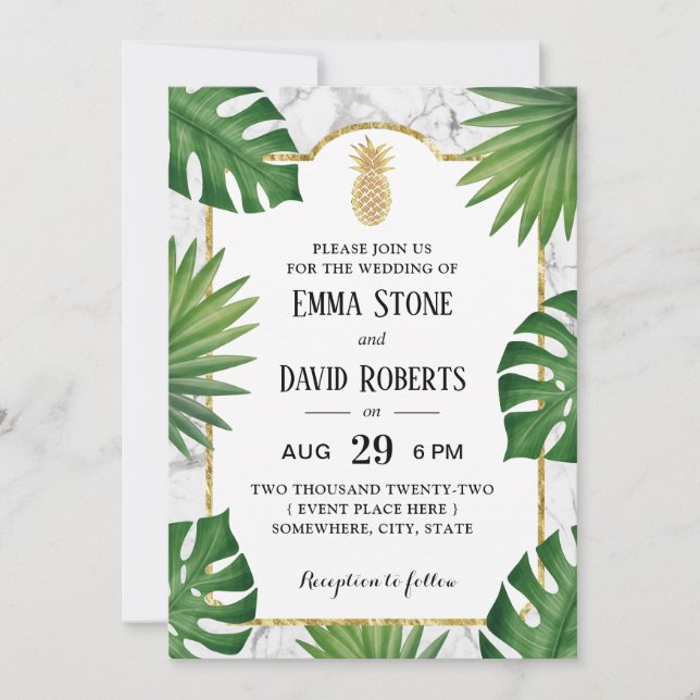 Modern Gold Pineapple Marble Tropical Wedding Invitation (Front)