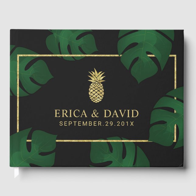Modern Gold Pineapple Tropical Wedding Guest Book (Front)