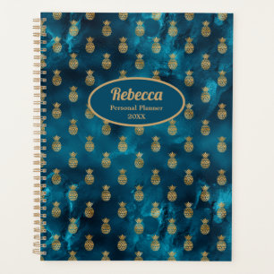 Modern Gold Pineapples Teal Blue Personalise Planner