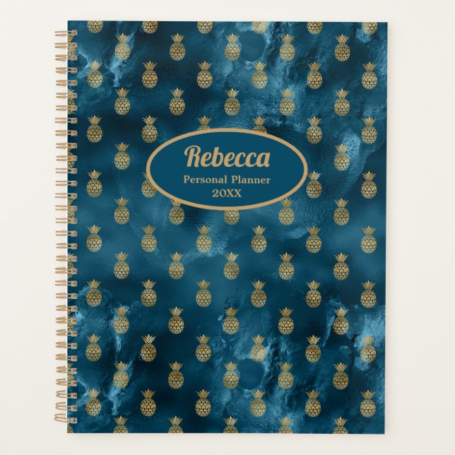 Modern Gold Pineapples Teal Blue Personalise Planner (Front)