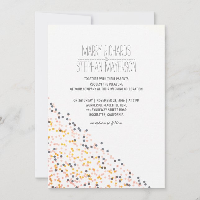 modern gold pink and navy confetti wedding invitation (Front)