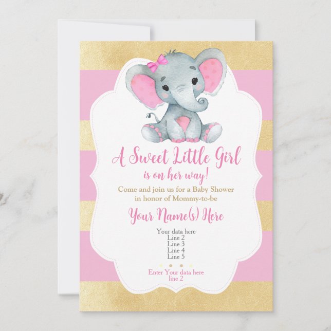 Modern Gold Pink Baby Girl Elephant Invitation  (Front)