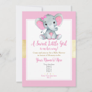 Modern Gold Pink Baby Girl Elephant Invitation 