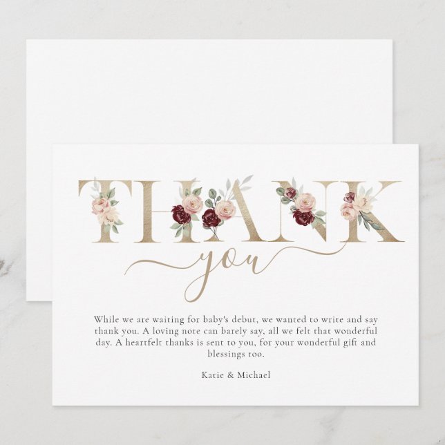 Modern Gold Pink Floral Baby Shower  Thank You Car Card (Front/Back)
