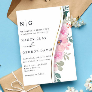 Modern Gold Pink Flowers Monogram Wedding Invitation