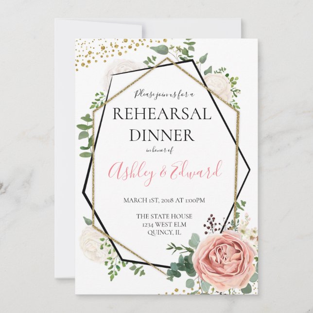 Modern Gold Pink Geometric Rehearsal Dinner Invite (Front)