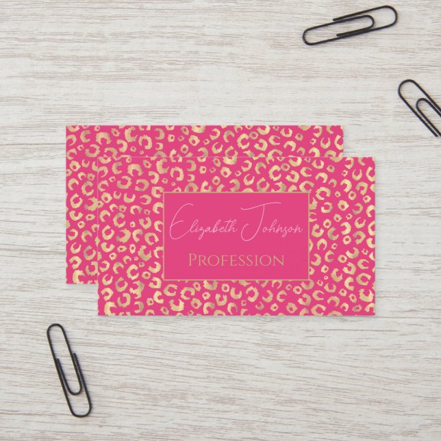 Modern Gold Pink Leopard Print Pattern Business Card (Front/Back In Situ)