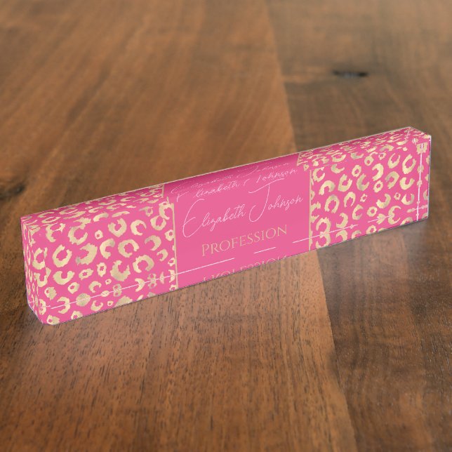 Modern Gold Pink Leopard Print Pattern Nameplate (Side)
