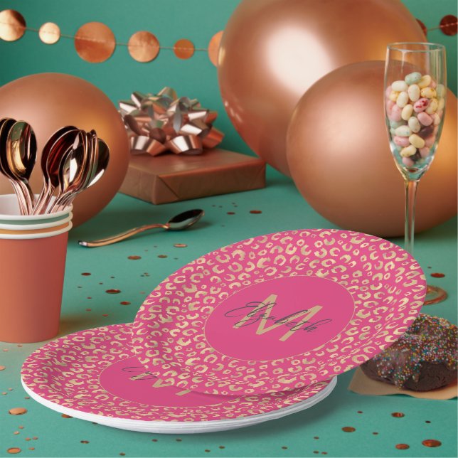 Modern Gold Pink Leopard Print Pattern Paper Plate (Multi)